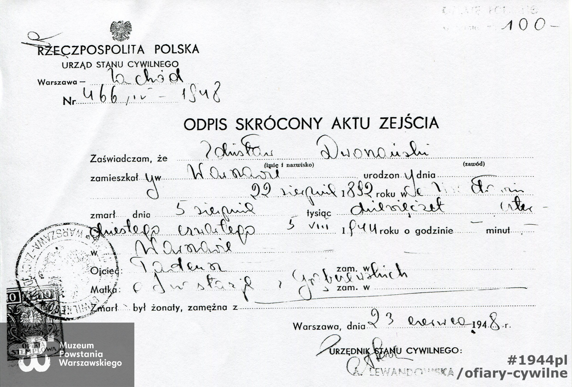 Odpis skrócony aktu zejścia, ze zbiorów Pani Ewy Dworczyk