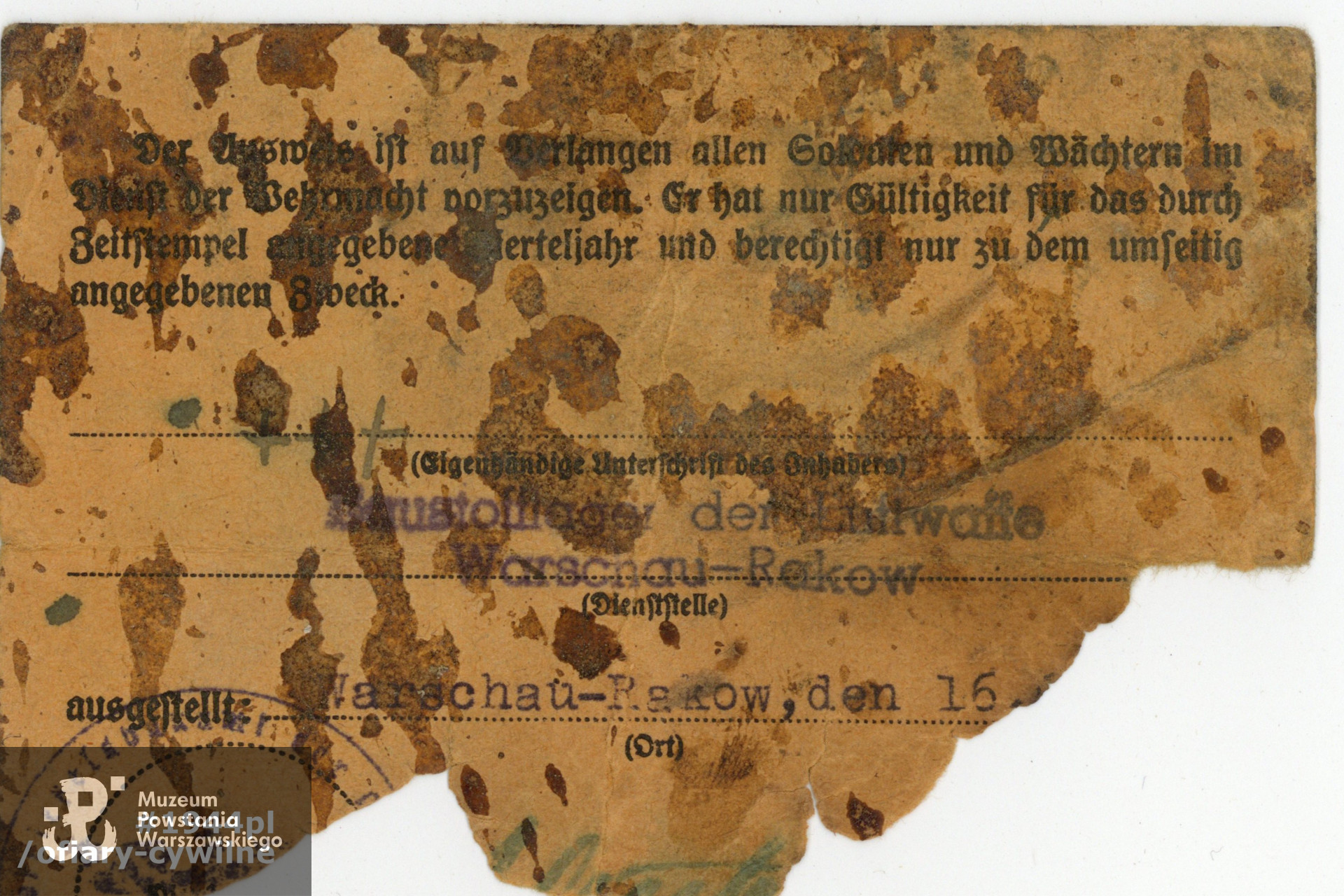 Dienstausweis (fragment) należący do Stanisław Skrzypczak (rewers), zbiory Muzeum Powstania Warszawskiego nr akcesji P/8601