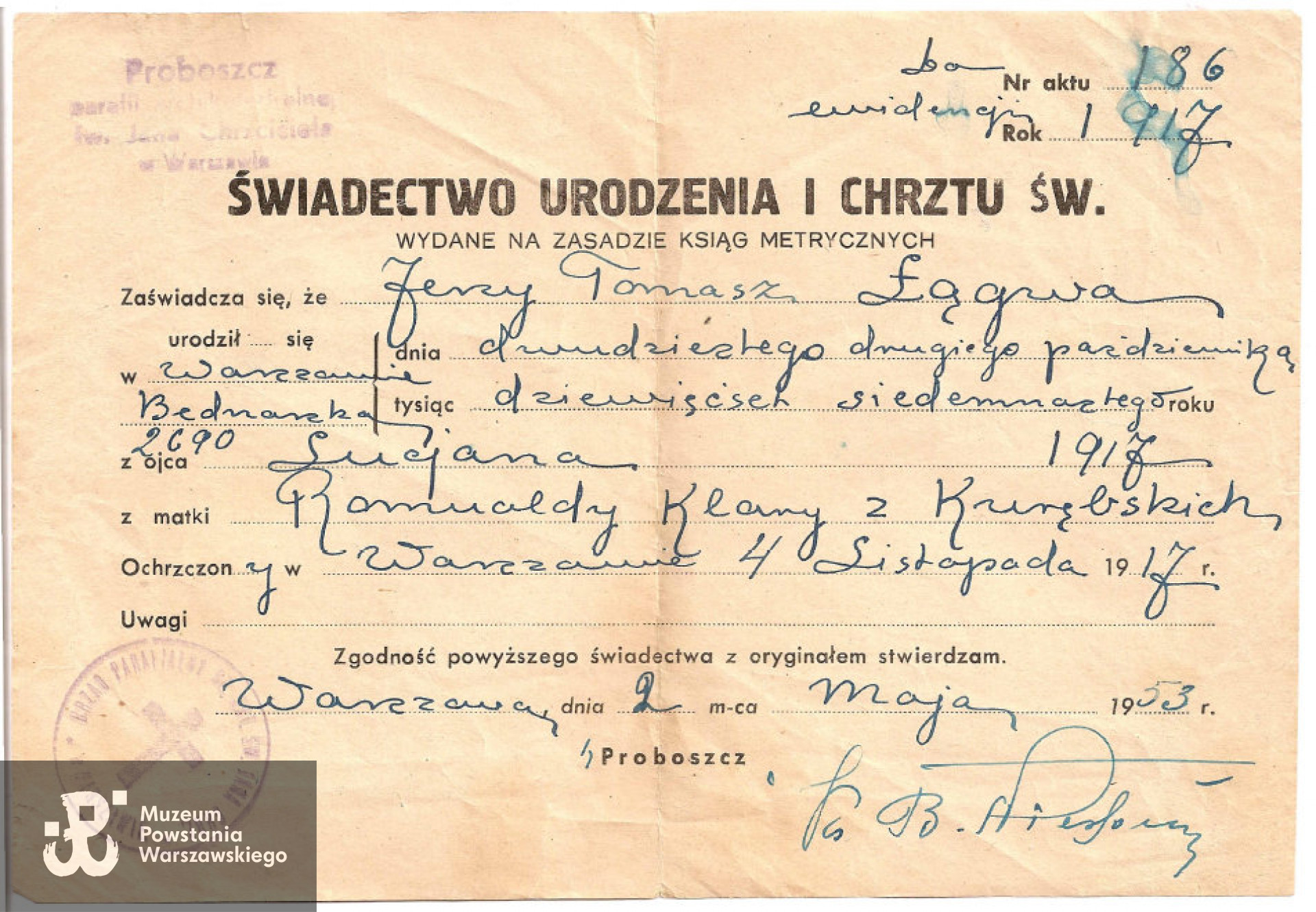 Świadectwo urodzenia i chrztu Jerzego Łągwy. Fot. z archiwum rodzinnego Danuty Joanny Majewskiej z d. Łągwa