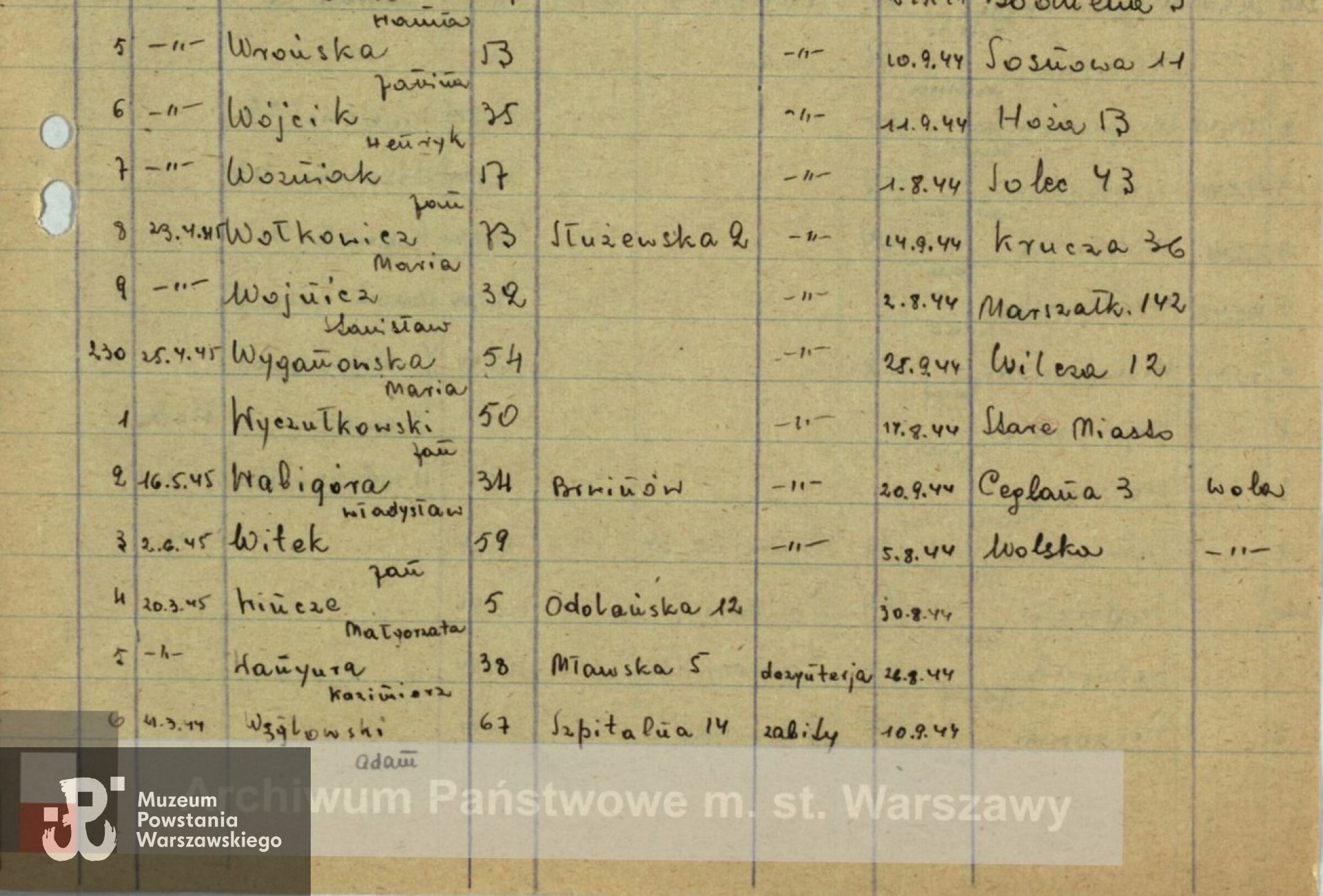 Fragment listy ekshumowanych ze zbiorów Archiwum Państwowe m.st. Warszawy sygnatura 454/442