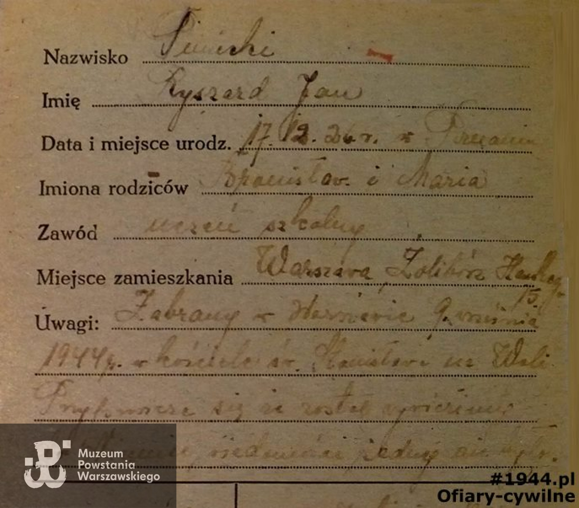 Fragment karty PCK z poszukiwań przez matkę Marię, ze zbiorów Krajowego Biura Informacji i Poszukiwań PCK.