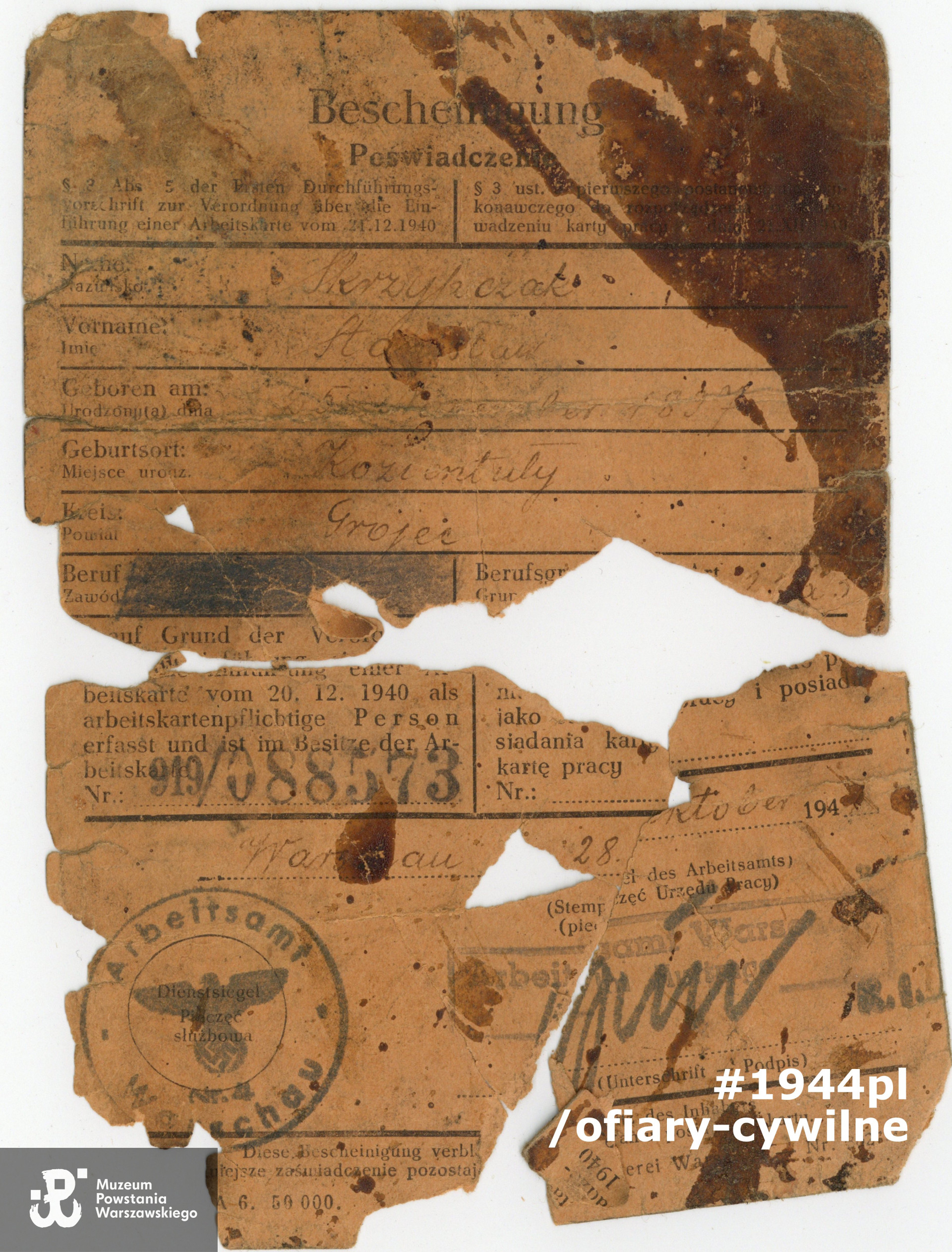 Poświadczenie pracy (Bescheinigung) należace do Stanisław Skrzypczaka, zbiory Muzeum Powstania Warszawskiego nr akcesji P/8601