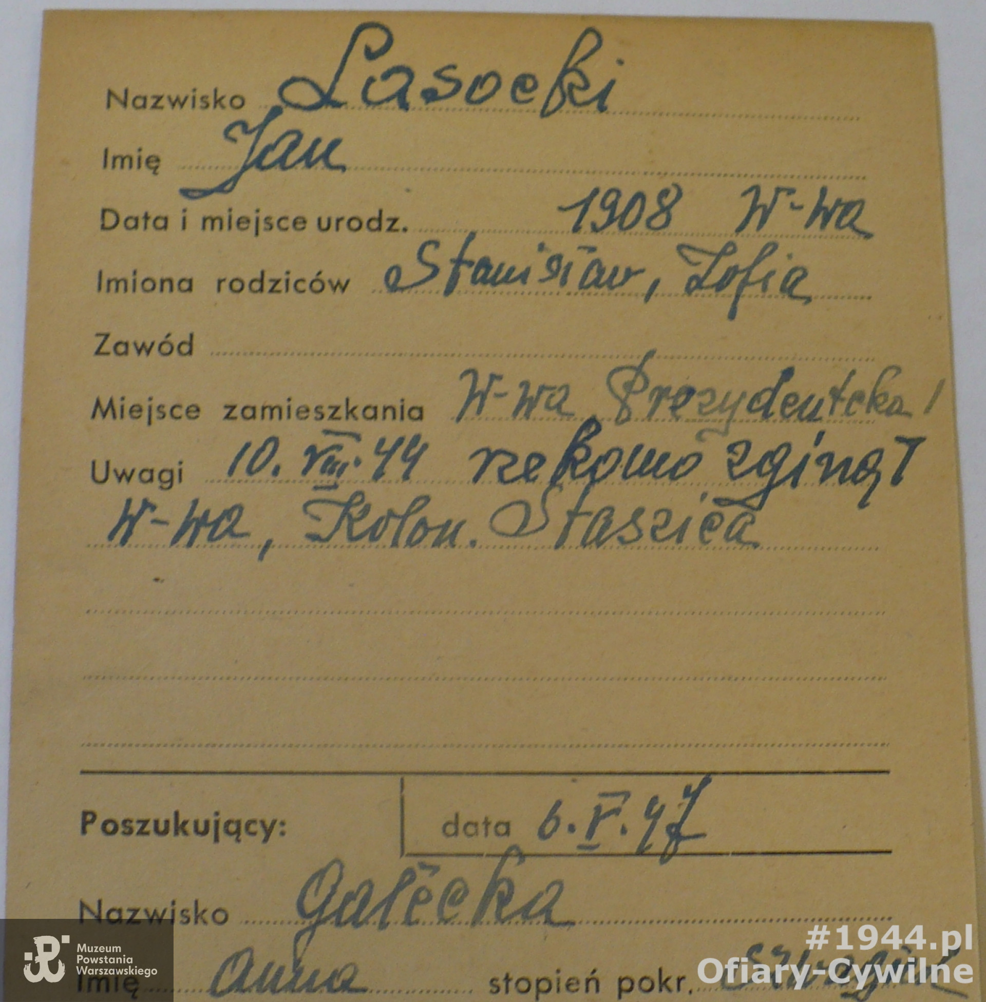 Karta z poszukiwań Jana Lasockiego przez szwagierkę Annę Gałecką