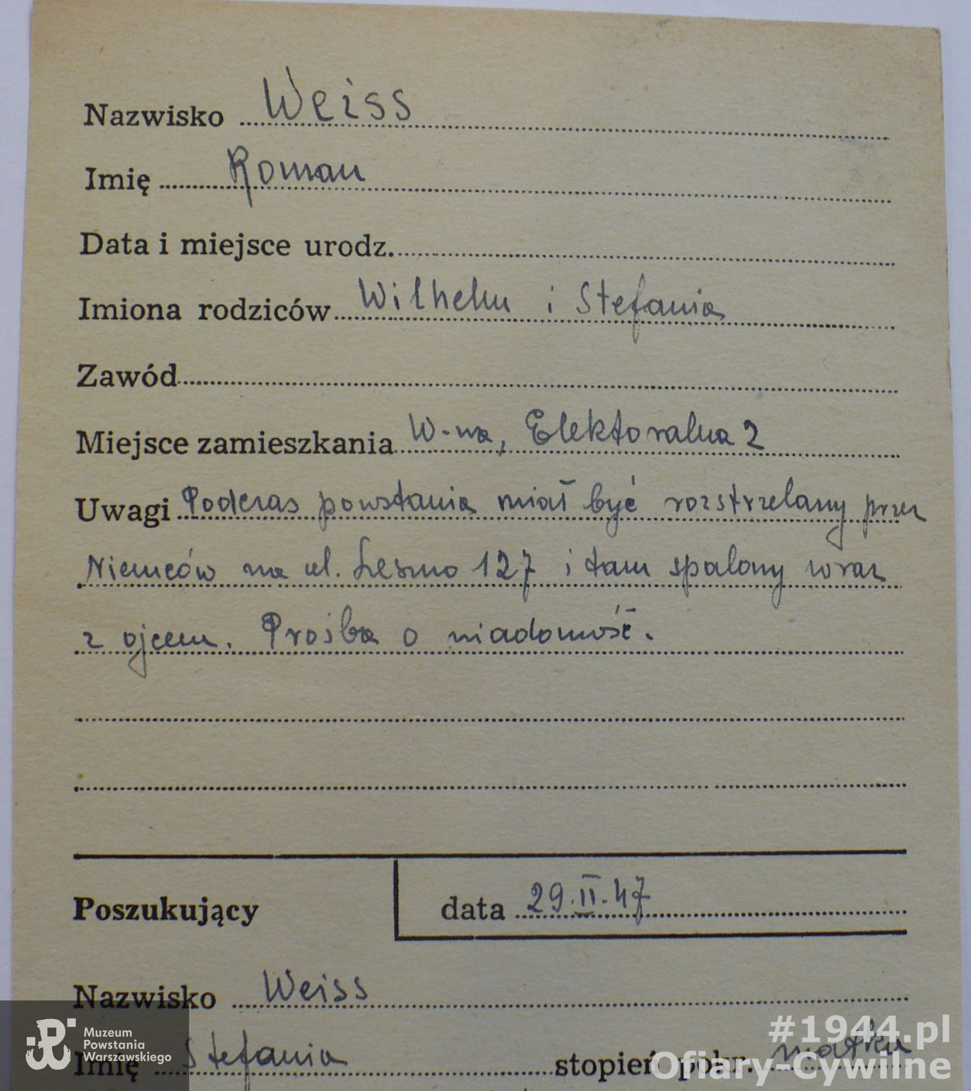 Karta z poszukiwań Romana przez matkę Stefanię, ze zbiorów Krajowego Biura Informacji i Poszukiwań PCK