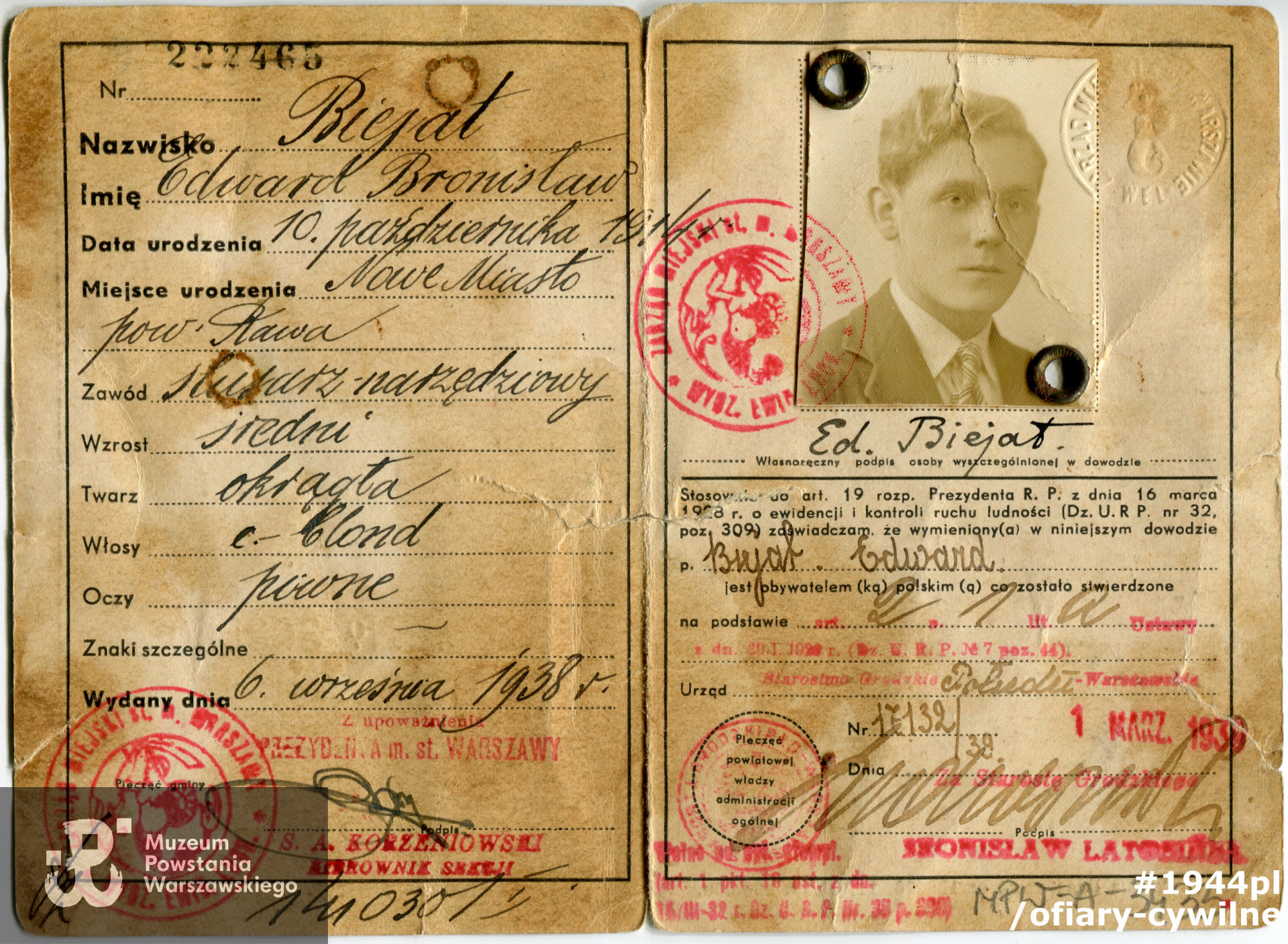 Przedwojenny dowód Edward Biejata (awers), zbiory Muzeum Powstania Warszawskiego MPW-A-3433 (P/2178)