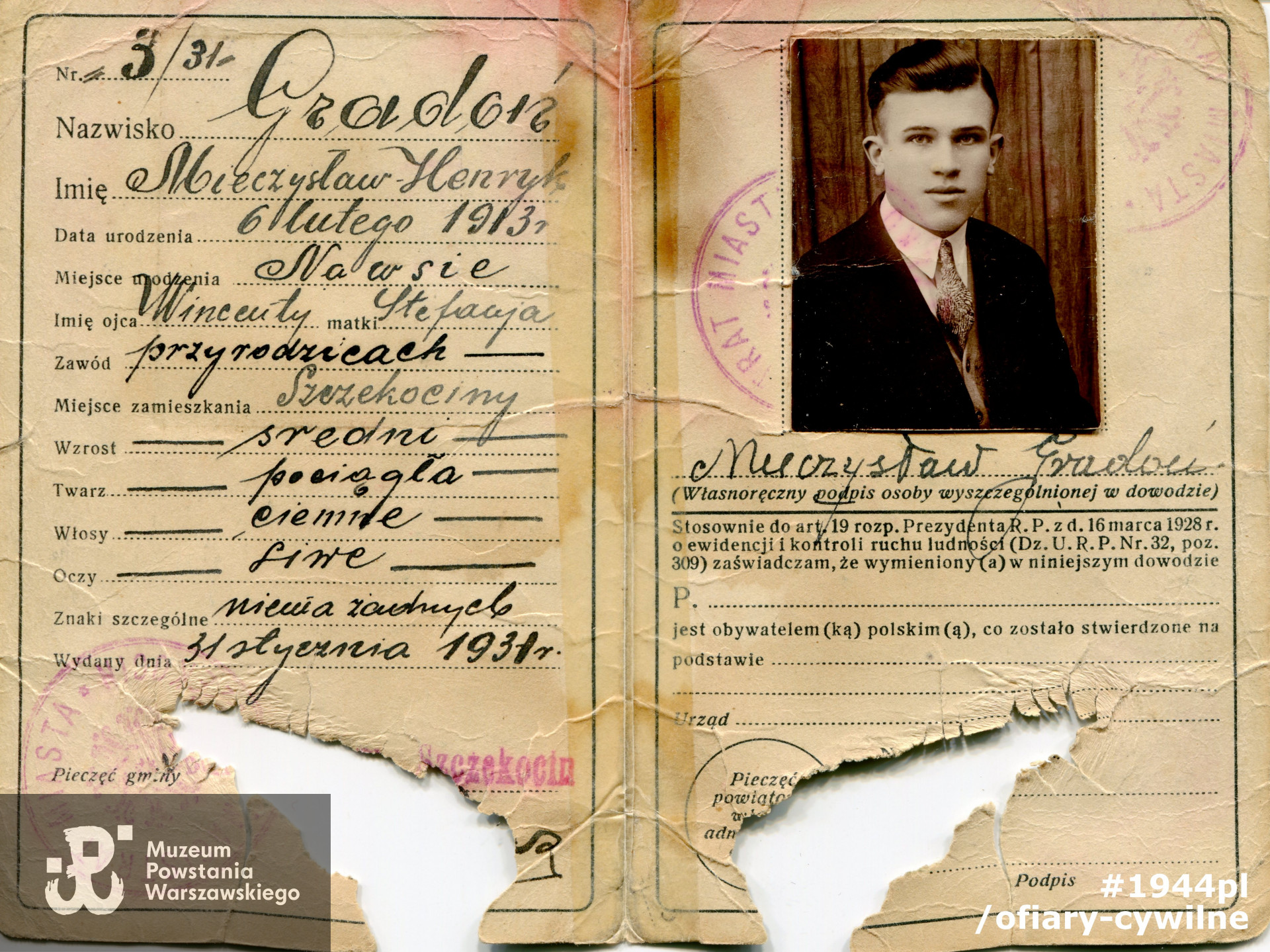 Przedwojenny dowód należący do Mieczysława Gradonia, udostępnił Pan Jan Gradoń