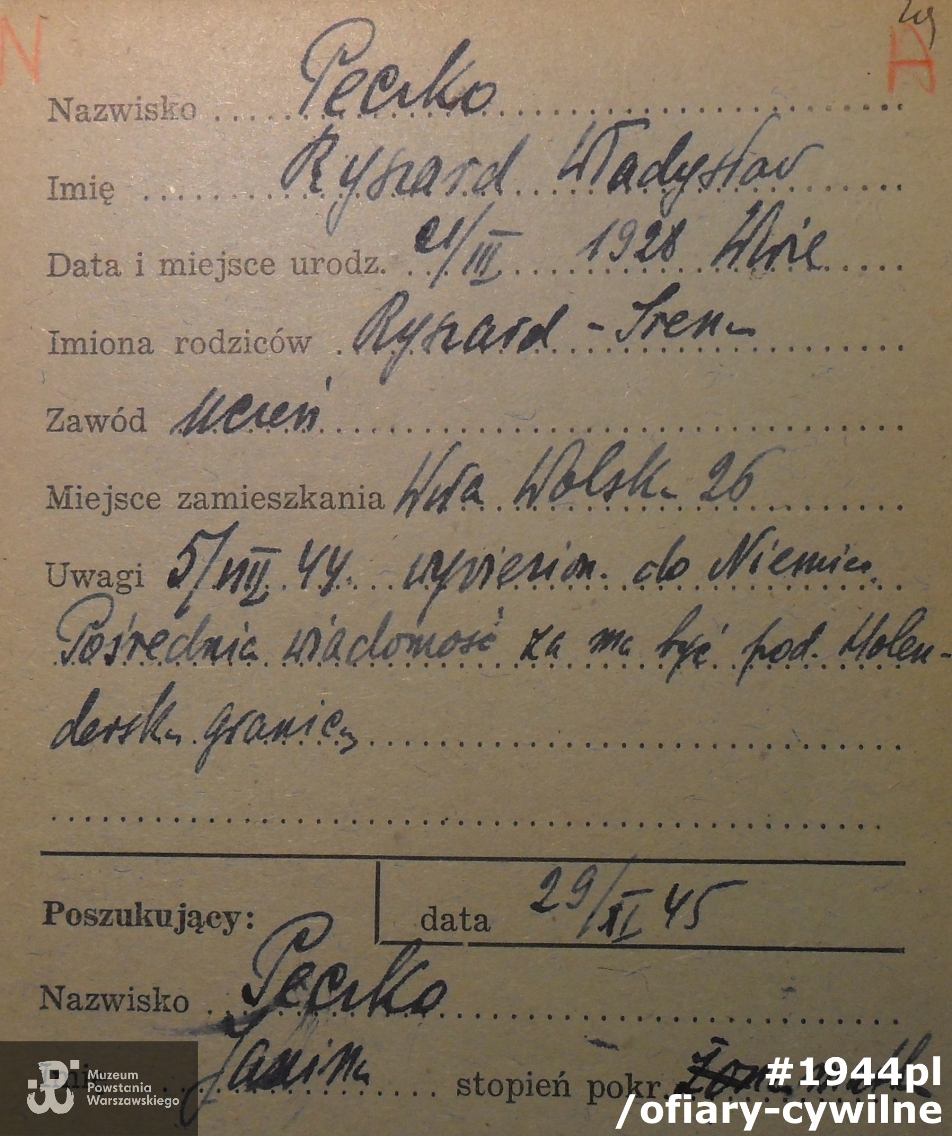 Karta z poszukiwań syna Ryszarda przez matkę Janinę ze zbiorów Krajowego Biura Informacji i Poszukiwań PCK