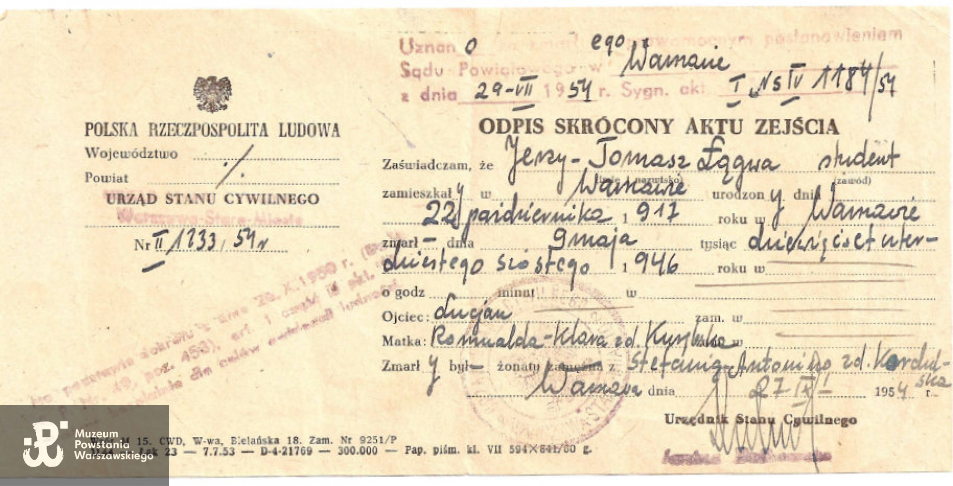 Skan aktu zejścia wystawiony na podstawie postanowienia Sądu z dnia 29.07.1954 r. Archiwum rodzinne Danuty Joanny Majewskiej z d. Łągwa