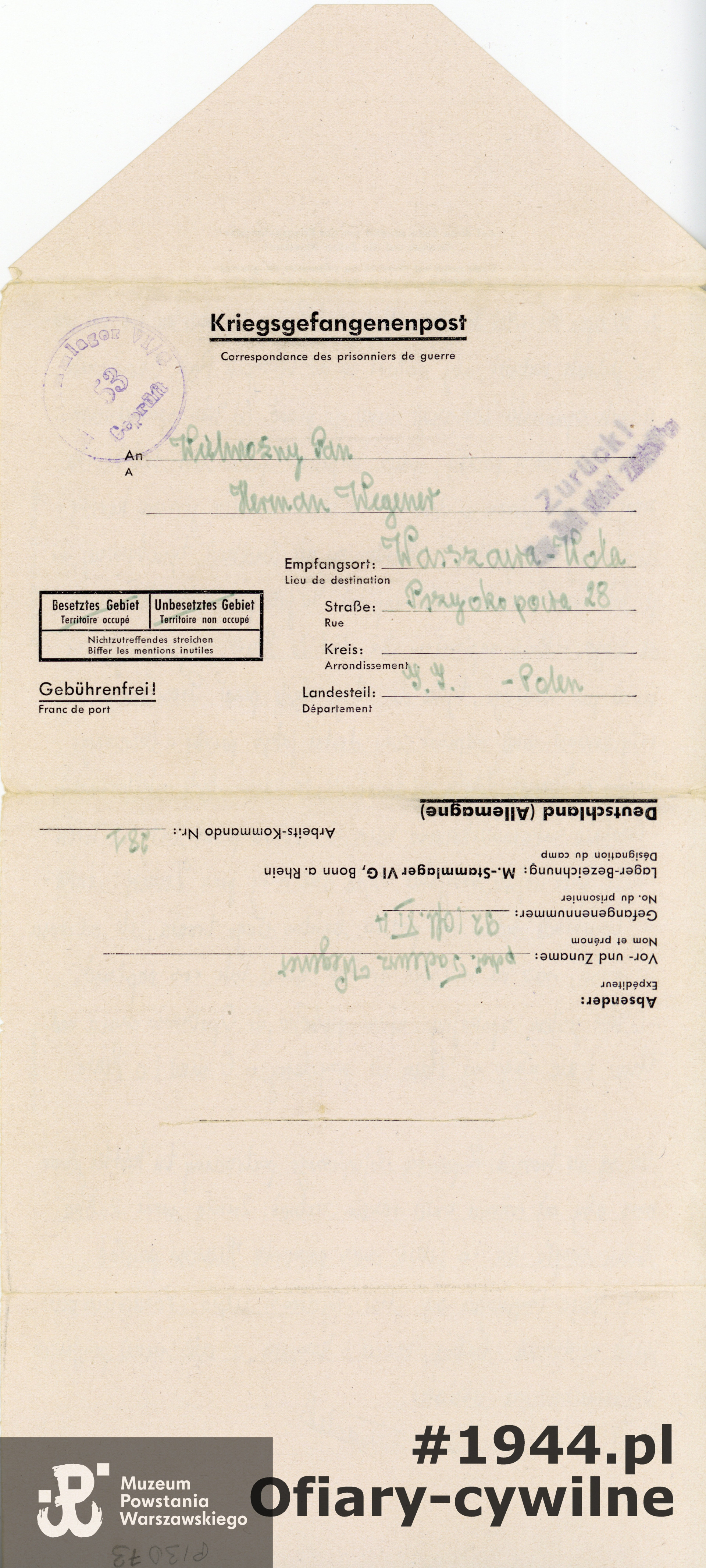 List napisany do rodziców 31 lipca 1944 r. w stalagu VIG przez Tadeusza Wegenera, który po kampanii wrześniowej 1939 r. dostał się do niewoli niemieckiej. Ze zbiorów Muzeum Powstania Warszawskiego sygnatura P/3073