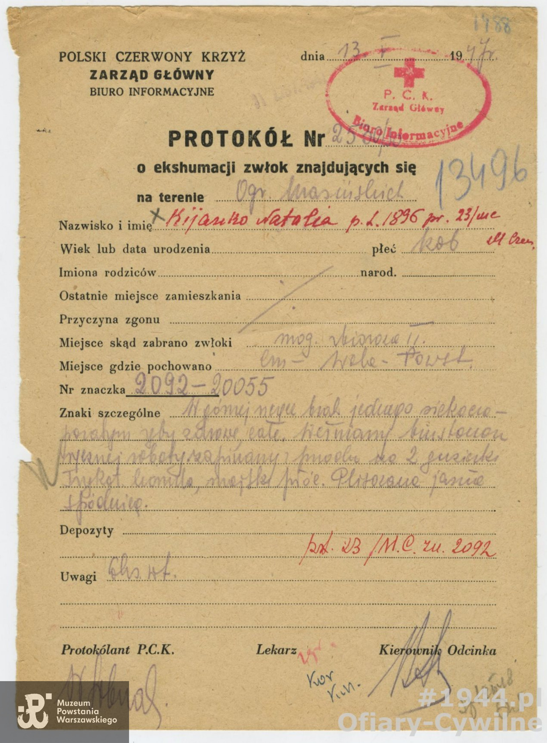 Protokół z ekshumacji Natalii Kijanko z Ogrodu Krasińskich na Cmentarz Powstańców Warszawy, ze zbiorów Krajowego Biura Informacji i Poszukiwań PCK