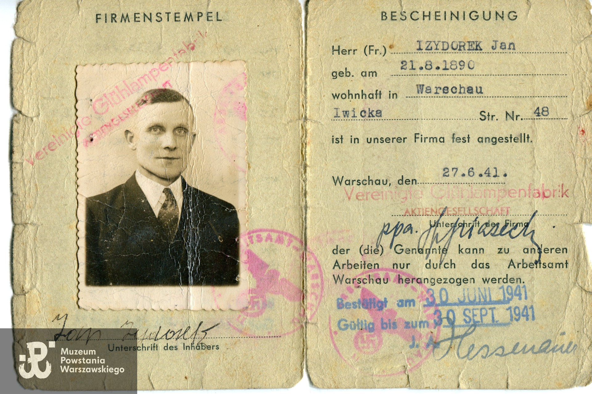 Zaświadczenie o zatrudnieniu, wystawione dla Jana Zydorka (awers), zbiory Muzeum Powstania Warszawskiego, syg. MPW-A/12187