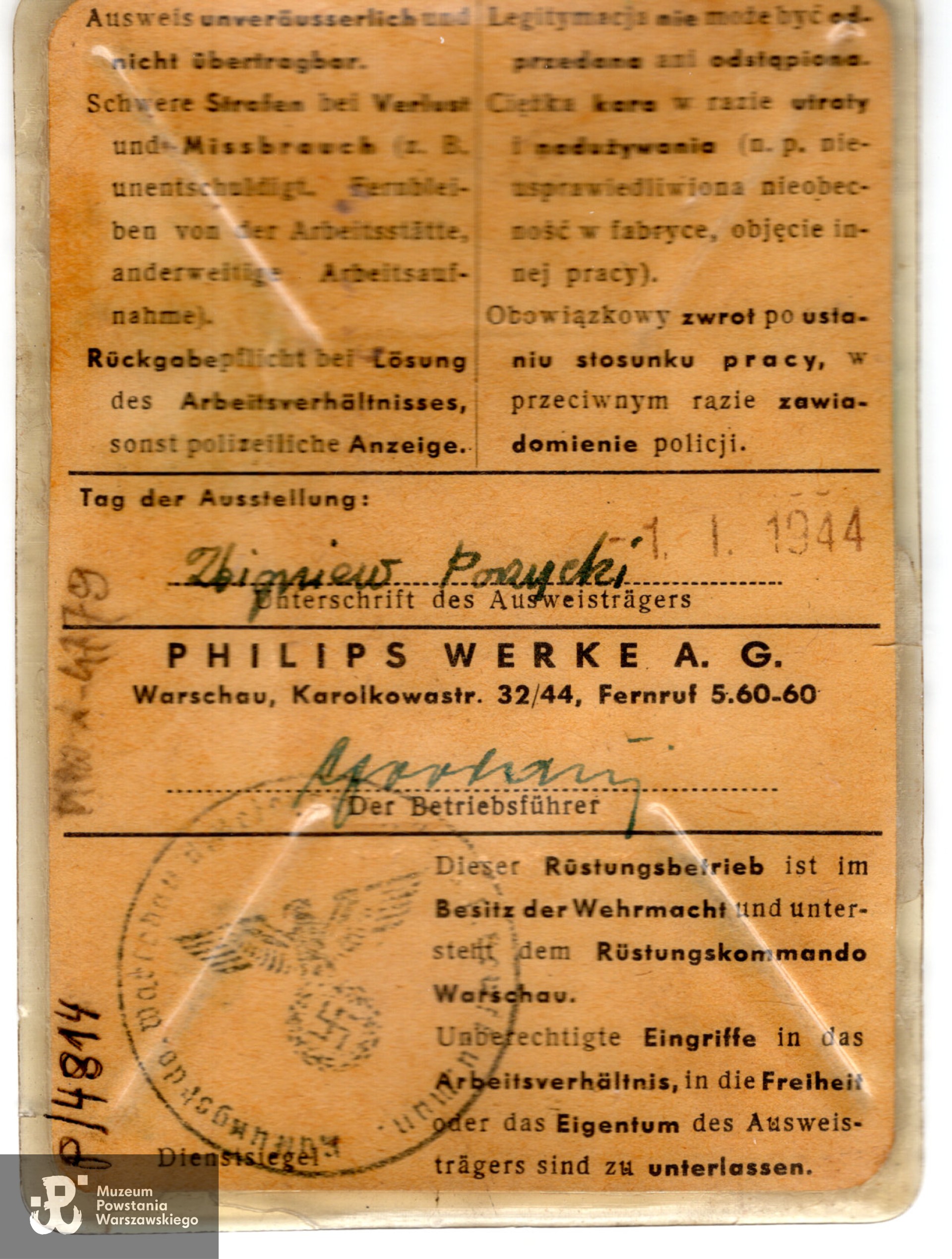 Przepustka pracownicza Zbigniewa Porzyckiego, zbiory Muzeum Powstania Warszawskiego syg. MPW-A-4778 dar brata Andrzeja Porzyckiego