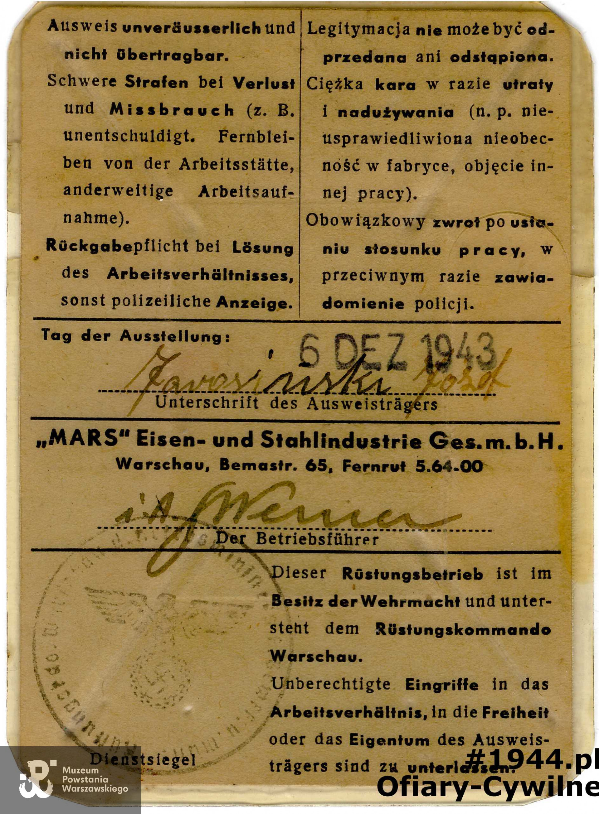 Werk-Ausweis należący do Józefa Jarosińskiego, przekazany do zbiorów Muzeum Powstania Warszawskiego przez córkę panią Mariannę Pytlak zd. Jarosińską