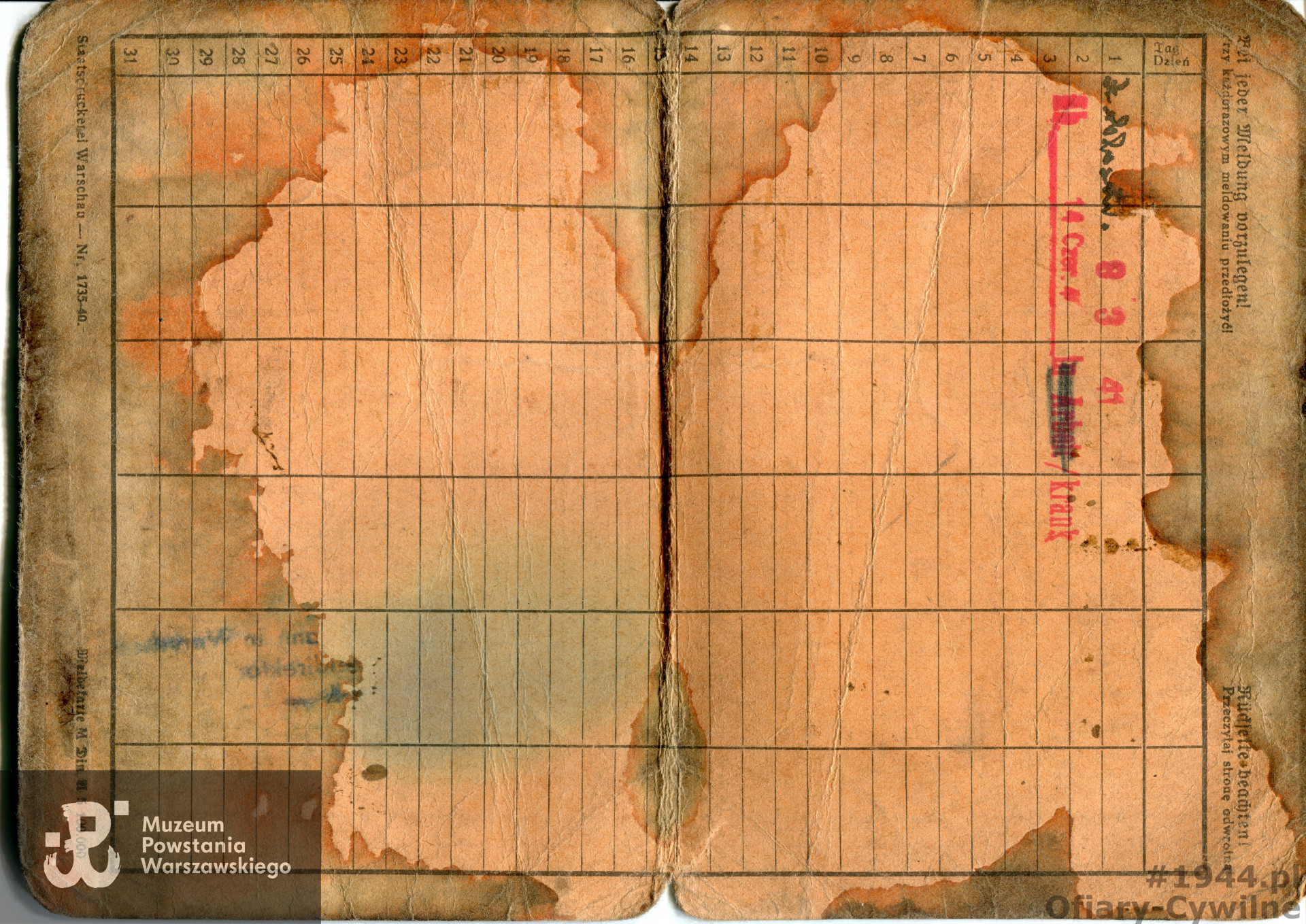 Karta Meldunkowa należąca do Kazimierza Woźniaka, ze zbiorów Muzeum Powstania Warszawskiego sygnatura P/8616, dar syna pana Józefa Woźniaka