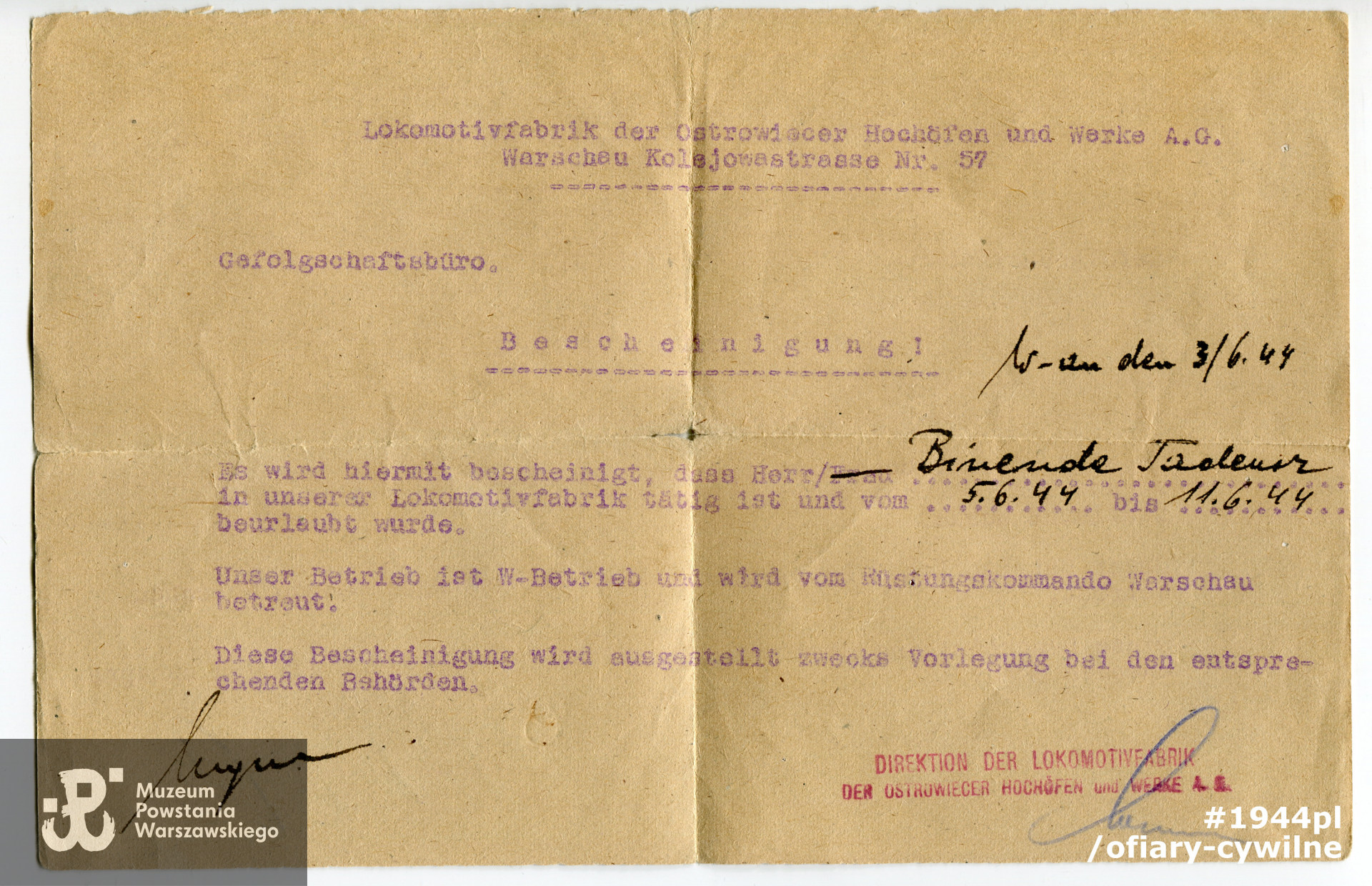 Zaświadczenie wystawiona  przez Zakłady Ostrowieckich , ze zbiorów Pani Ewe Baccarelli-Hallala