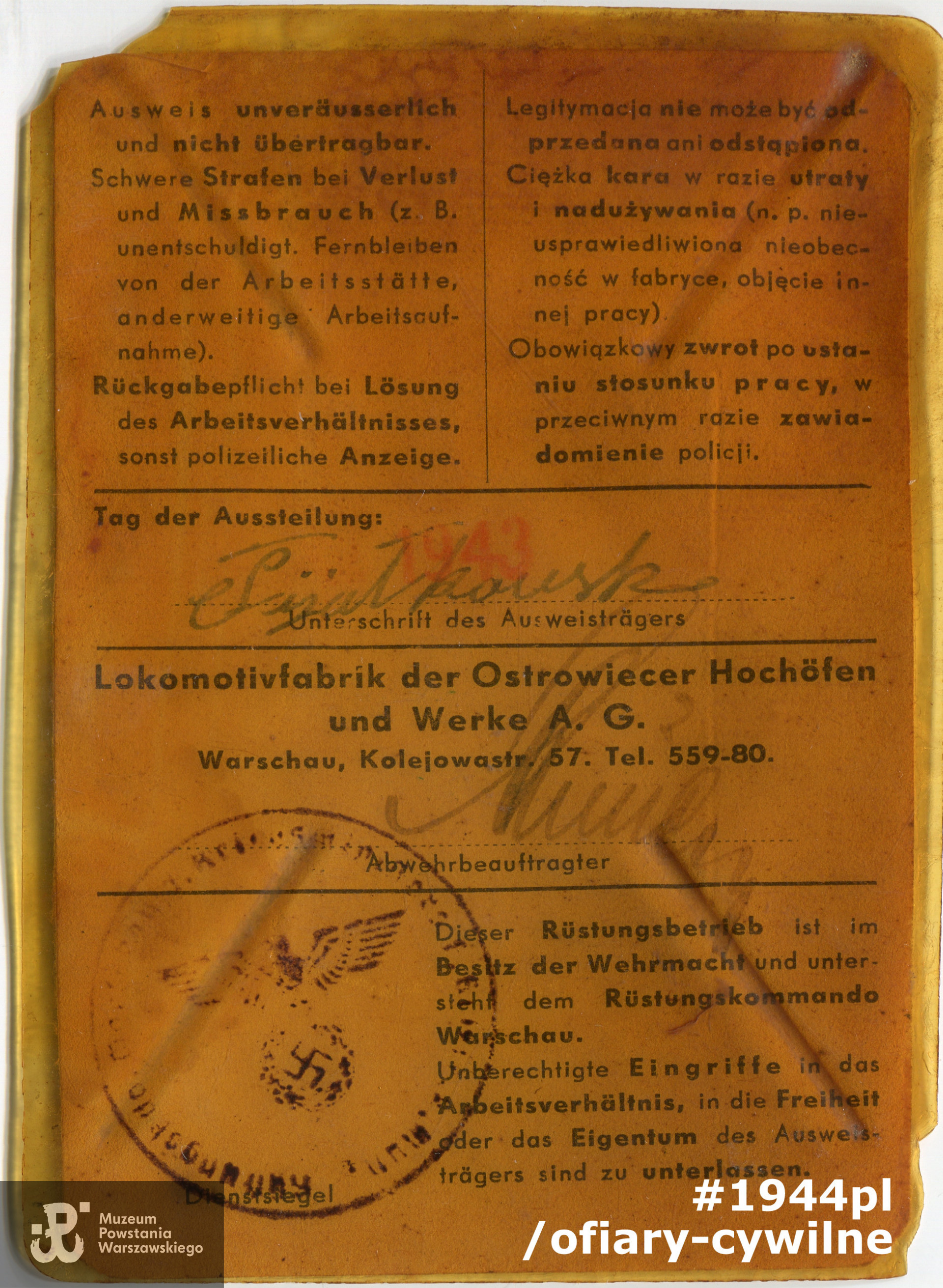 Werk-Ausweis Henryka Fijałkowskiego wydany przez Lokomotivfabrik der Ostrowiecer Hochöfen und Werke A.G. (Wytwórnie Parowozów Spółki Akcyjnej Wielkich Pieców i Zakładów Ostrowieckich) przy ul. Kolejowej 57 (rewers), ze zbiorów Muzeum Powstania Warszawskiego nr inwentarzowy MPW-A-3851