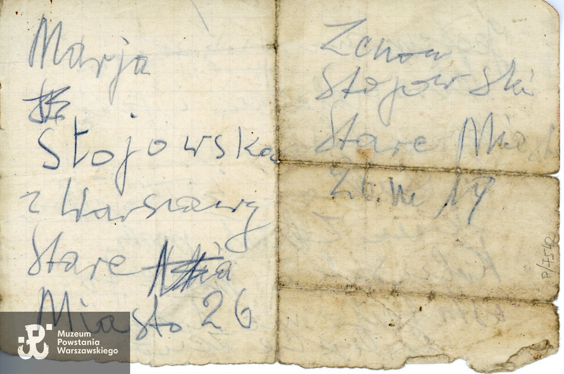 Kartka wyrzucona z transportu w Koluszkach, napisana przez Zenona Stojowskiego do żony - Marii z informacją, że jedzie do Dachau, ze zbiorów Muzeum Powstania Warszawskiego nr inw. MPW-A-8907