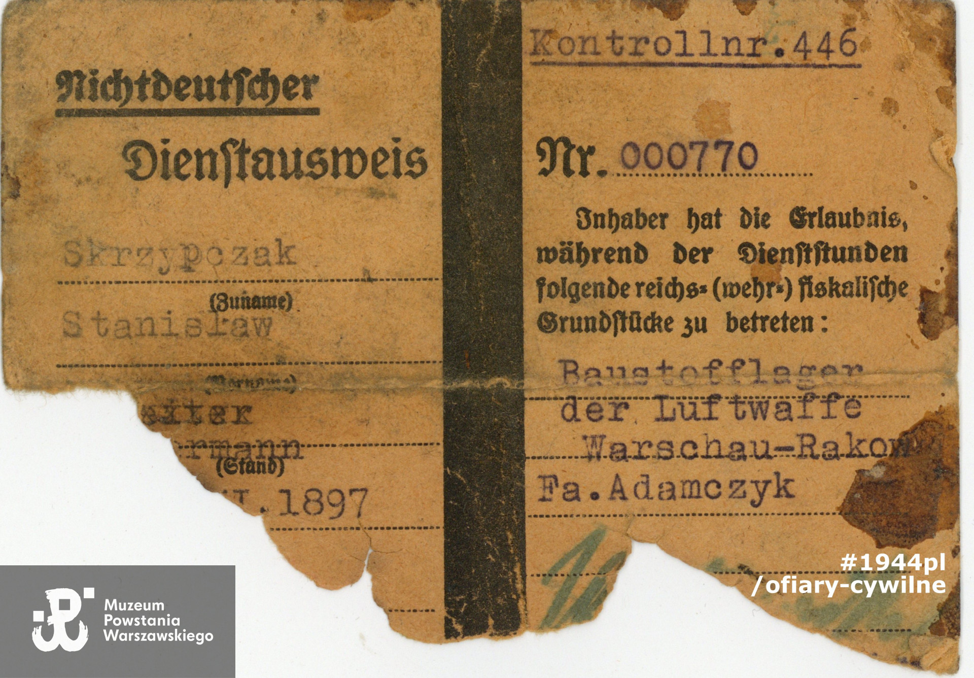 Dienstausweis (fragment) należący do Stanisław Skrzypczak (awers), zbiory Muzeum Powstania Warszawskiego nr akcesji P/8601