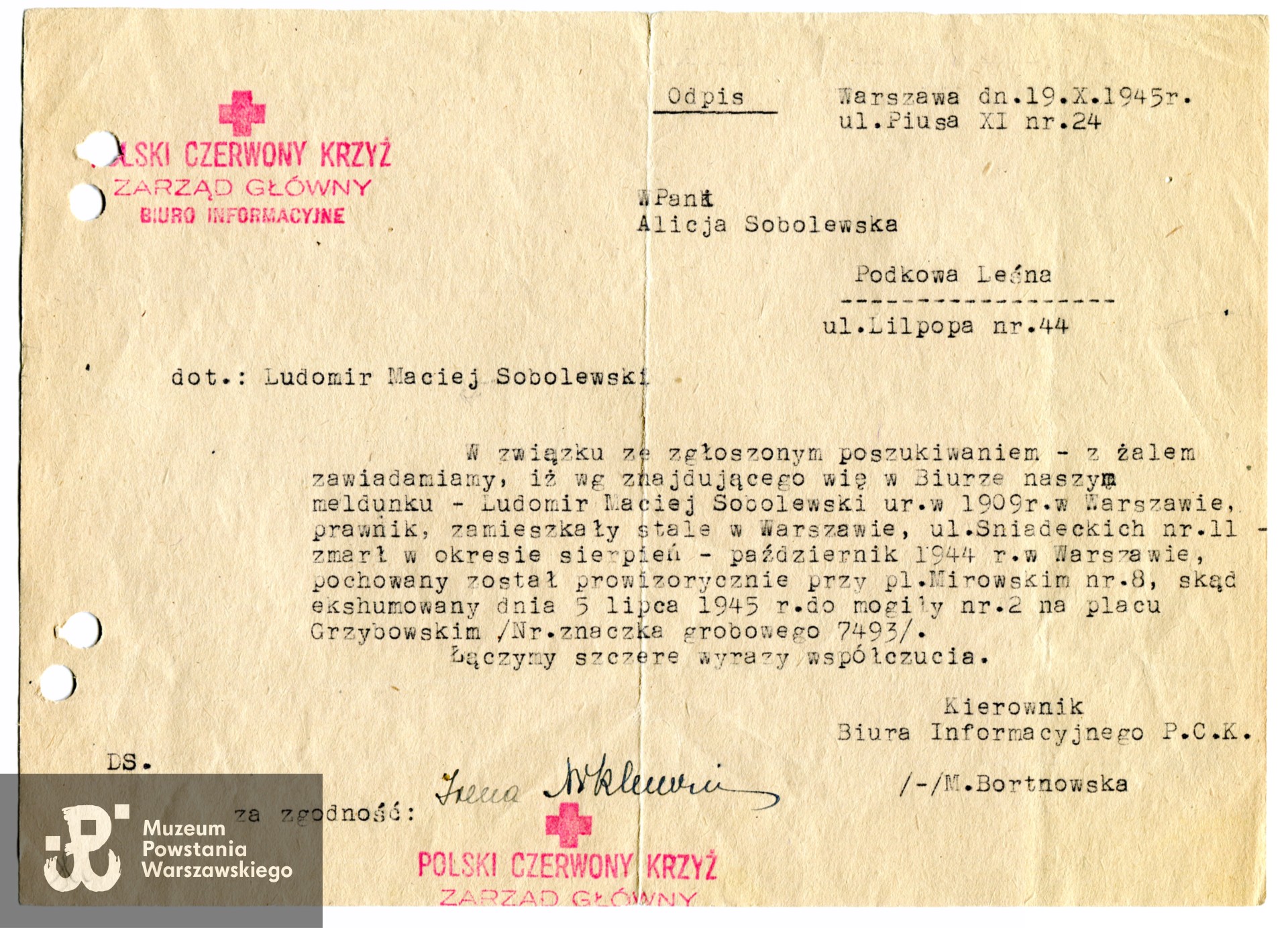 Pismo PCK skierowane do żony Alicji