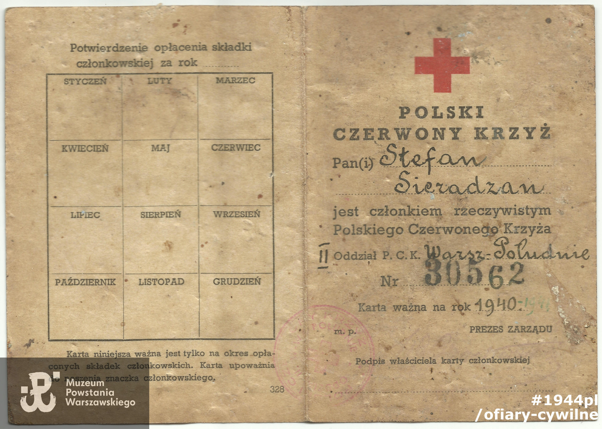 Legitymacja PCK należąca do Stefana Sieradzana (awers) udostępniona przez p. Dariusza Sieradzana