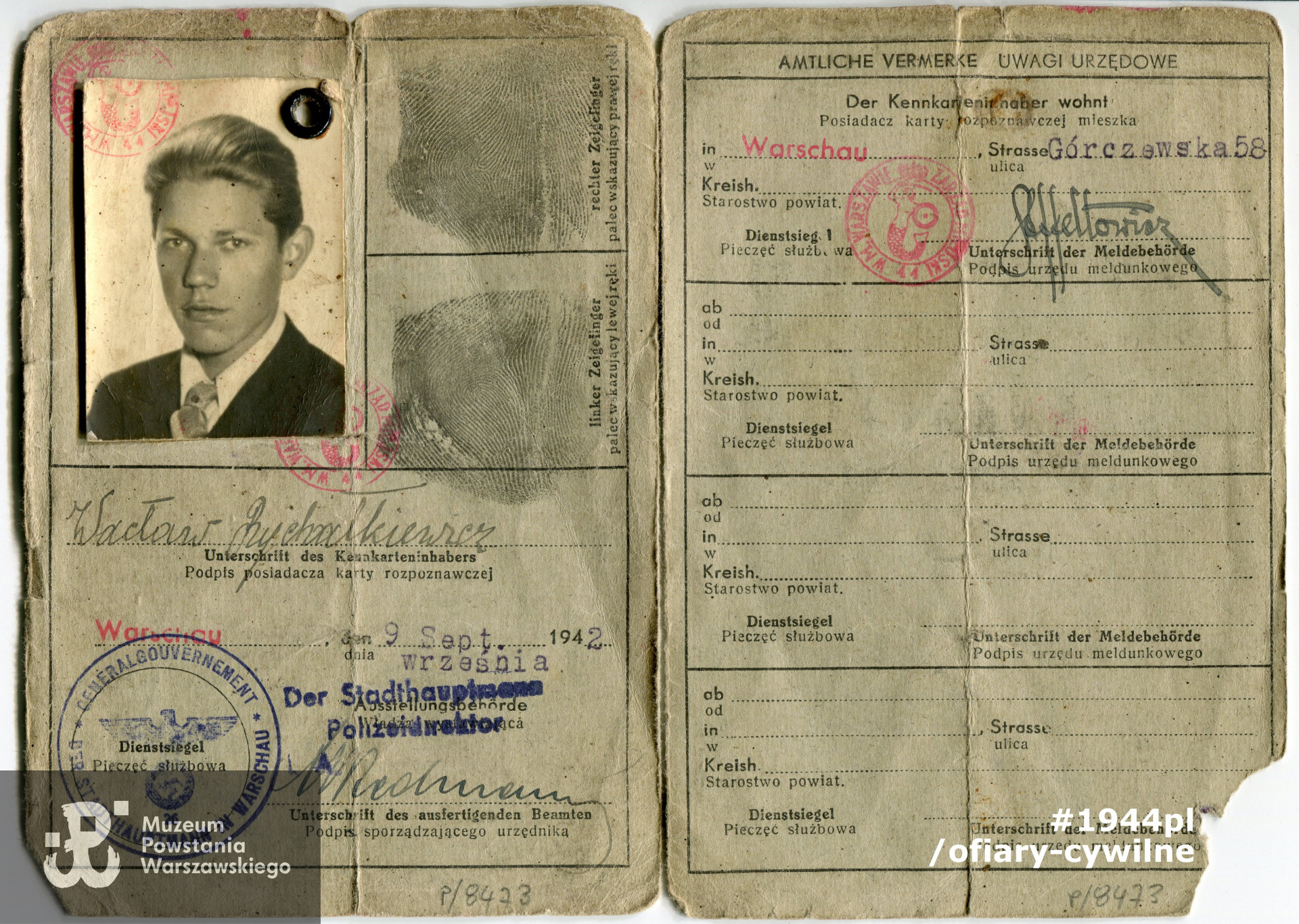 okupacyjna kenkarta Wacława Rychałkiewicz, zbiory Muzeum Powstania Warszawskiego nr akcesji P/8473