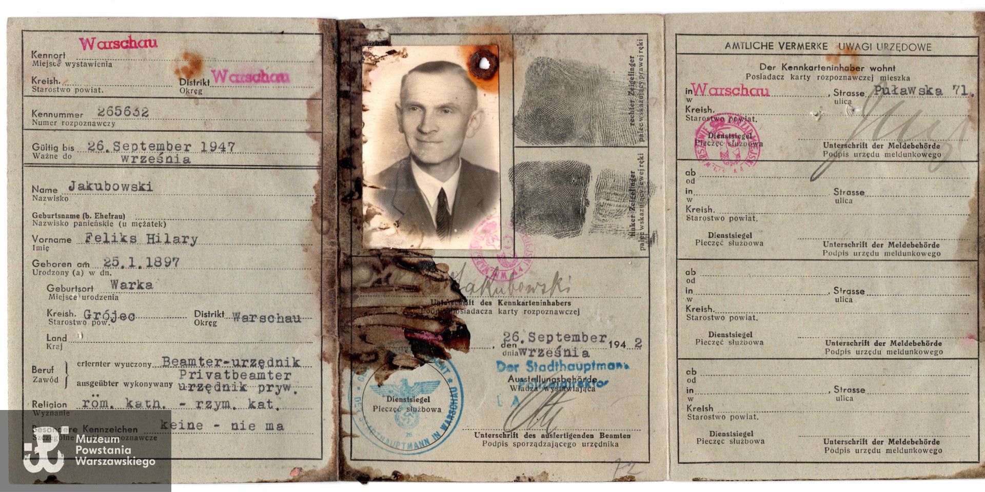 Okupacyjna kenkarta Feliksa Jakubowskiego, zbiory Muzeum Powstania Warszawskiego, nr akc. P/7018