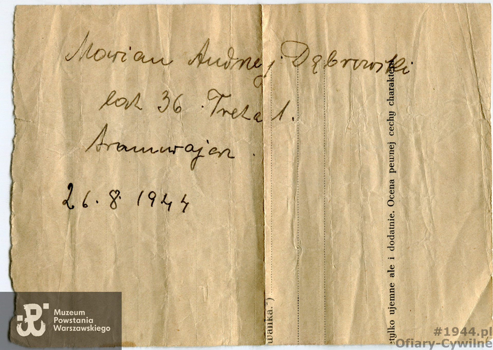 Druga strona kartki gdzie podano już pełne dane, ze zbiorów rodzinnych pana Witolda Dąbrowskiego