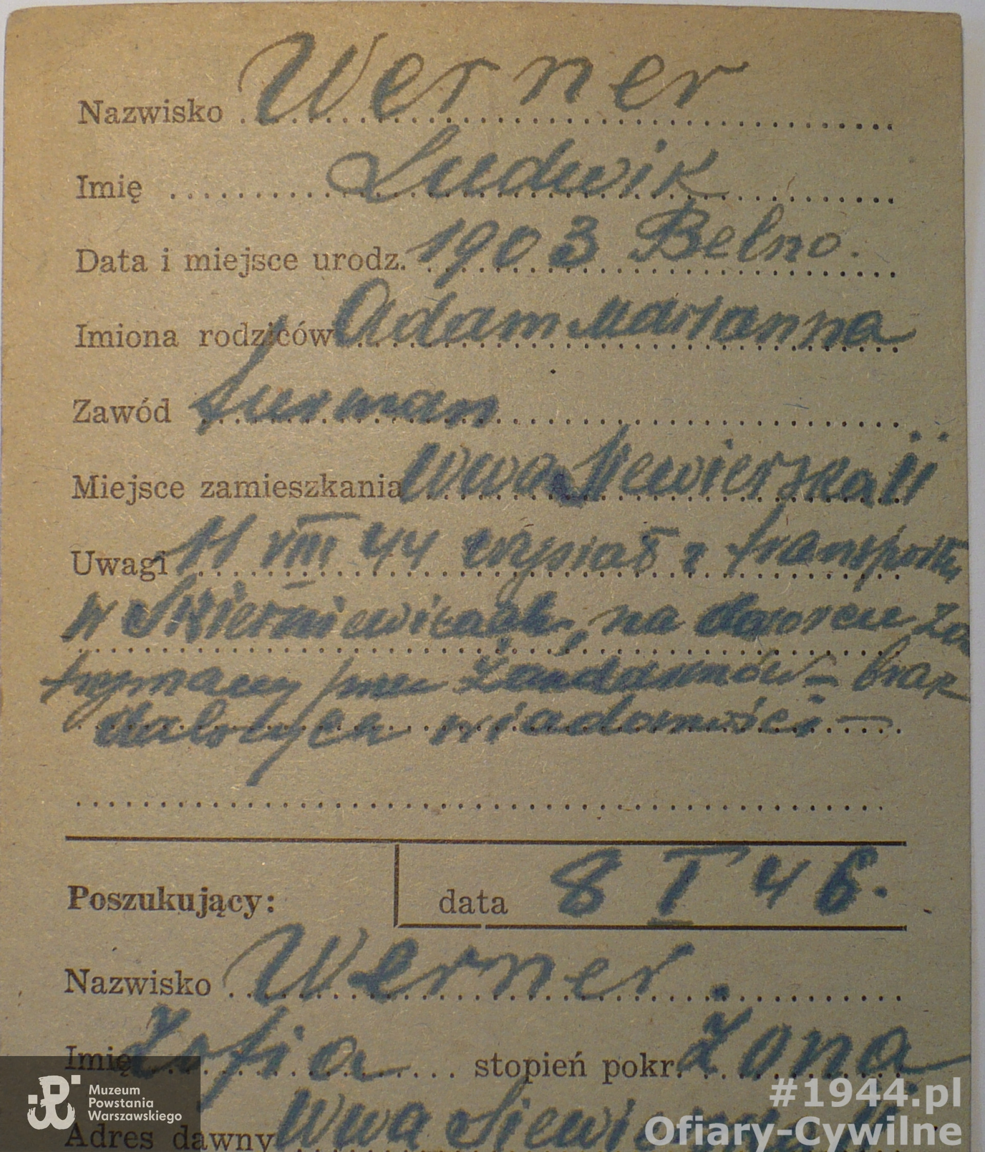 Karta z poszukiwań Ludwika Wernera przez żonę Zofię, ze zbiorów Krajowego Biura Informacji i Poszukiwań PCK
