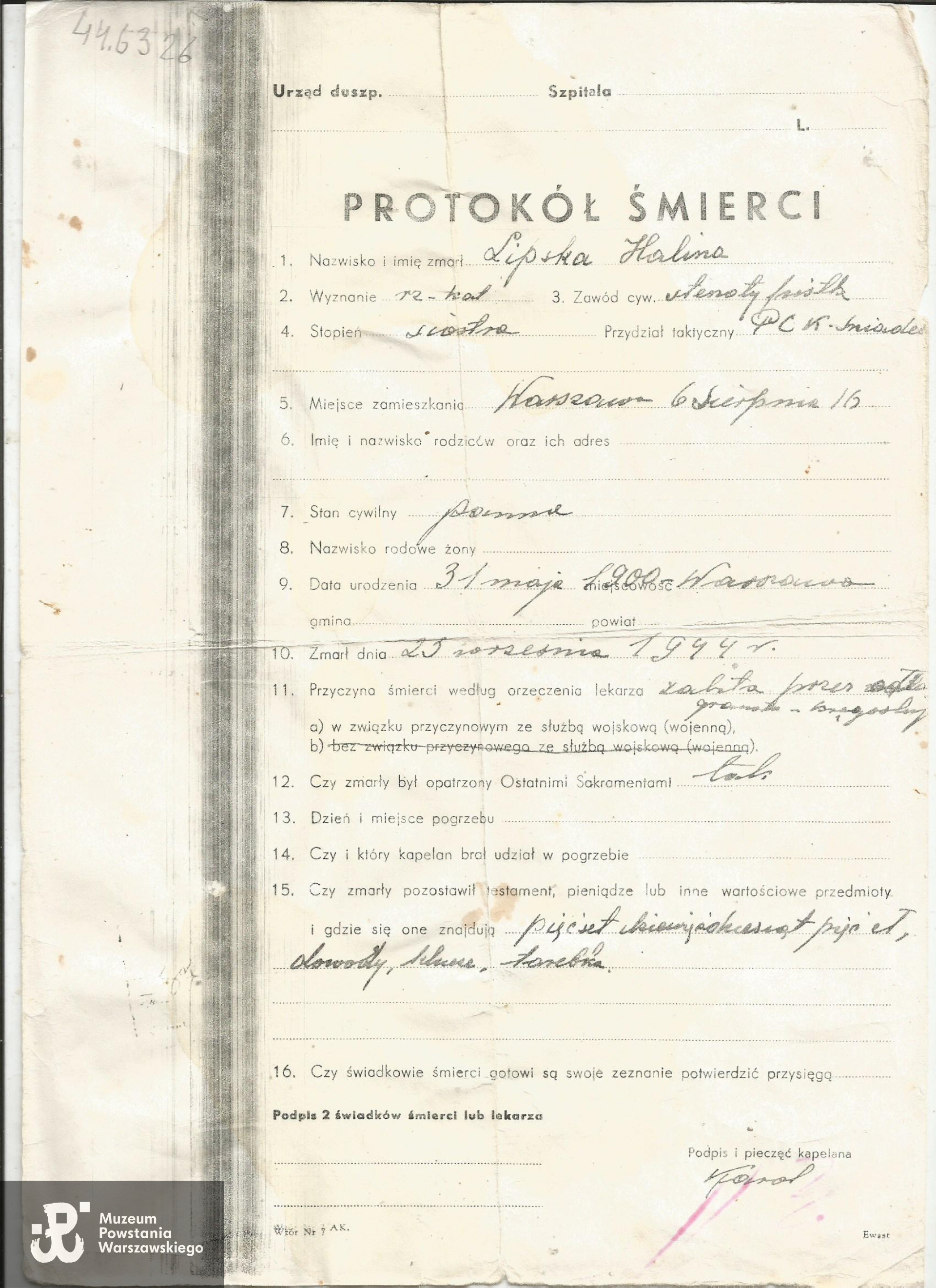 Protokół śmierci Haliny Lipskiej udostępnił Pan Tomasz Makarczyk-Rodkiewicz