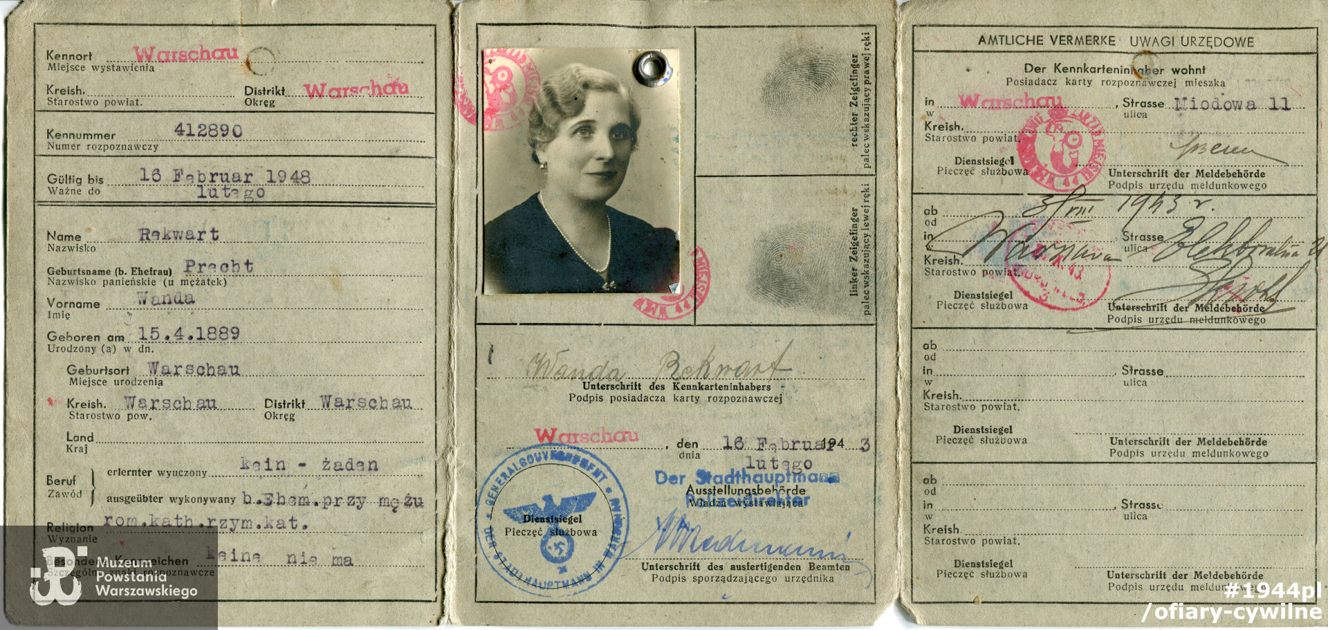 Okupacyjna kenkarta  Wandy Rekwart, ze zbiorów Muzeum Powstania  Warszawskiego nr akcesji P/9258