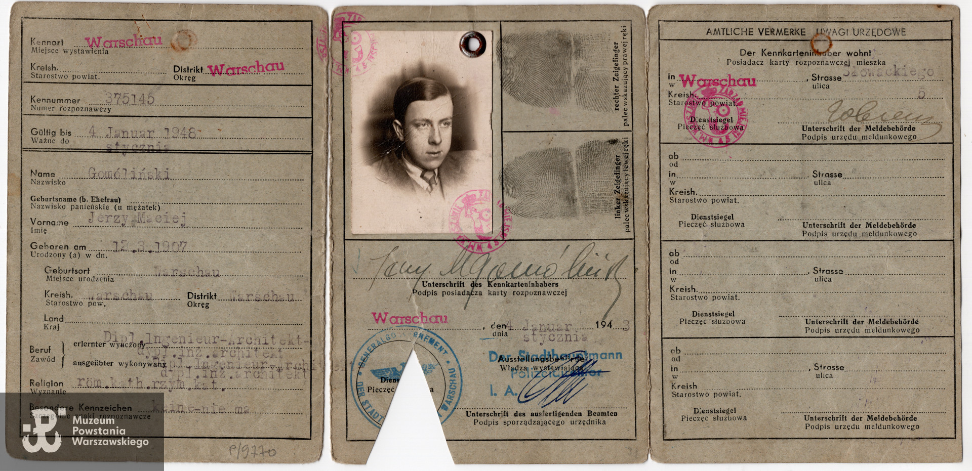 Okupacyjna kenkarta Jerzego Gomólińskiego, zbiory Muzeum Powstania Warszawskiego nr akc. P/9770