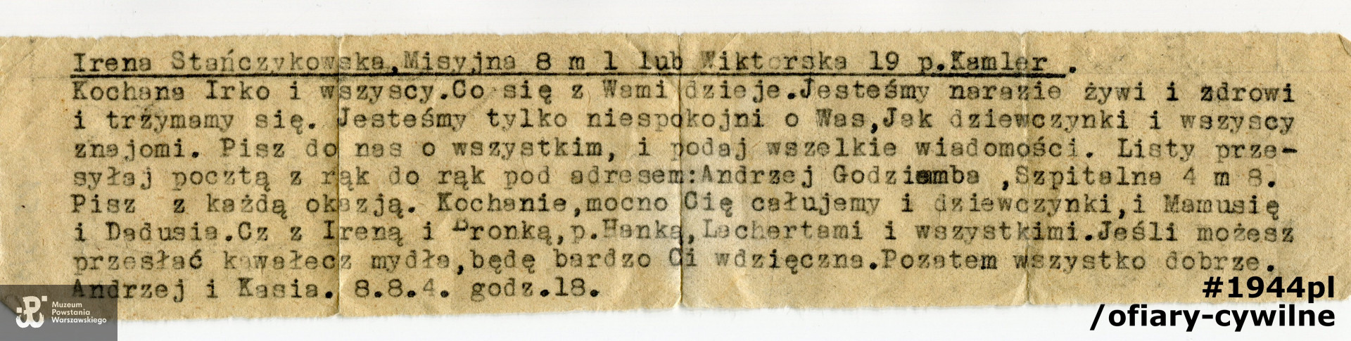 List z okresu Powstania Warszawskiego skierowany do Ireny Stańczykowskiej, zbiory Muzeum Powstania Warszawskiego nr akcesji P/5551