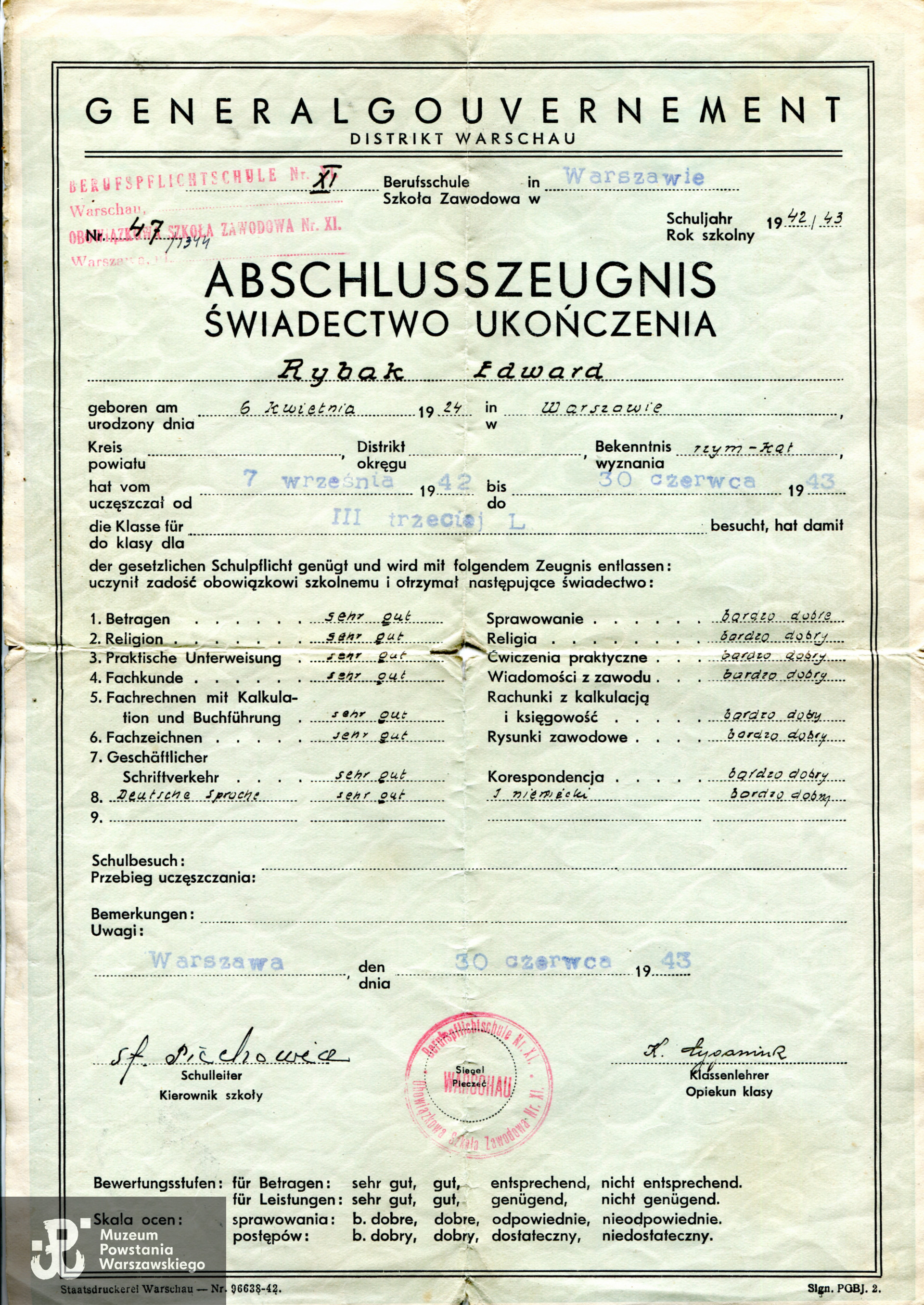 Świadectwo ukończenia szkoły zawodowej należące do Edward, udostępniła Pani Barbara Lewandowska