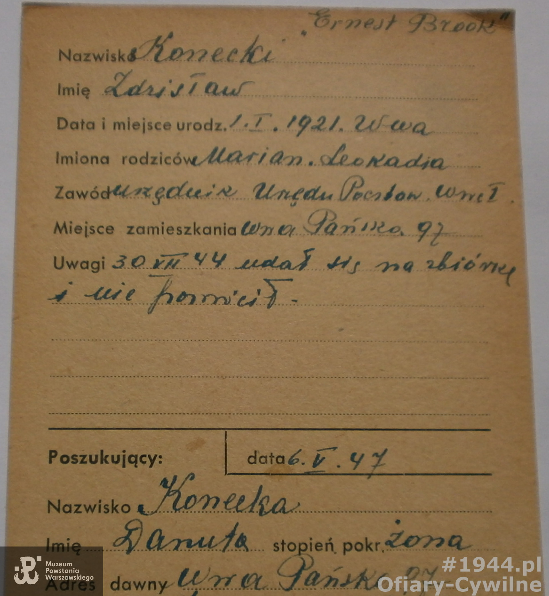 Karta z poszukiwań Zdzisława za pośrednictwem PCK przez żonę Danutę, ze zbiorów Krajowego Biura Informacji i Poszukiwań PCK